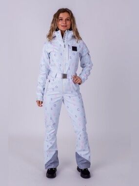 OOSC l Women's White Luxury Print Chic Ski Suit | L